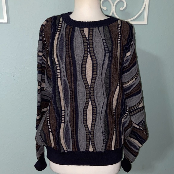 ROBERT BANKS VINTAGE 100% WOOL COOGI STYLE WAVY GEOMETRIC SWEATER - Picture 1 of 11